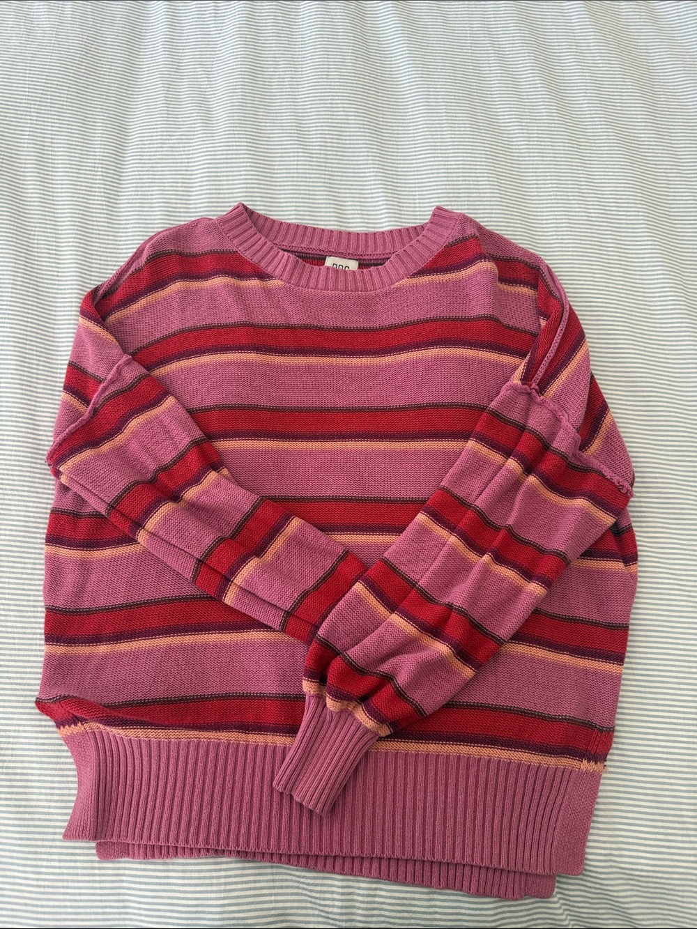 BDG Pink and Red Striped V-Neck Knit Sweater